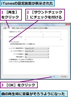 1 ［再生］をクリック,2 ［サウンドチェック］にチェックを付ける,3 ［OK］をクリック,iTunesの設定画面が表示された,曲の再生時に音量がそろうようになった