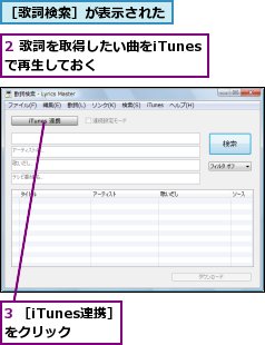 2 歌詞を取得したい曲をiTunesで再生しておく,3 ［iTunes連携］をクリック,［歌詞検索］が表示された