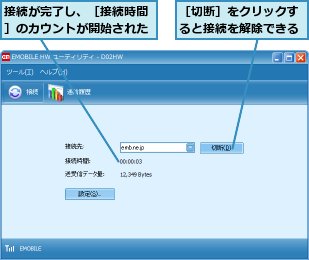 接続が完了し、［接続時間］のカウントが開始された,［切断］をクリックすると接続を解除できる