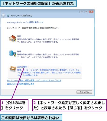 1［公共の場所］をクリック,2［ネットワーク設定が正しく設定されました］と表示されたら［閉じる］をクリック,この画面は次回からは表示されない,［ネットワークの場所の設定］が表示された