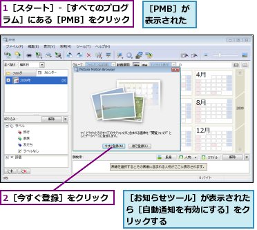 1［スタート］-［すべてのプログラム］にある［PMB］をクリック,2［今すぐ登録］をクリック,［PMB］が表示された,［お知らせツール］が表示されたら［自動通知を有効にする］をクリックする