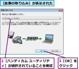 2［ハンディカム ユーティリティ］が選択されていることを確認,3［OK］をクリック,［画像の取り込み］が表示された