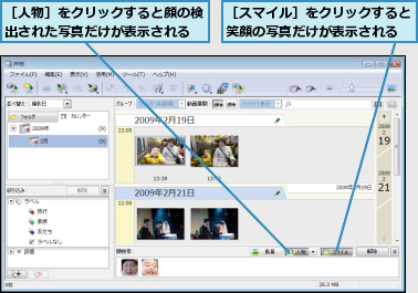 ［スマイル］をクリックすると笑顔の写真だけが表示される,［人物］をクリックすると顔の検出された写真だけが表示される