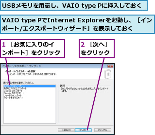 1 ［お気に入りのインポート］をクリック,2 ［次へ］をクリック,USBメモリを用意し、VAIO type Pに挿入しておく,VAIO type PでInternet Explorerを起動し、［インポート/エクスポートウィザード］を表示しておく