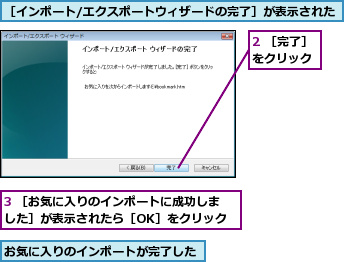 2 ［完了］をクリック,3 ［お気に入りのインポートに成功しました］が表示されたら［OK］をクリック,お気に入りのインポートが完了した,［インポート/エクスポートウィザードの完了］が表示された