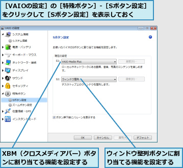 XBM（クロスメディアバー）ボタンに割り当てる機能を設定する,ウィンドウ整列ボタンに割り当てる機能を設定する,［VAIOの設定］の［特殊ボタン］-［Sボタン設定］をクリックして［Sボタン設定］を表示しておく