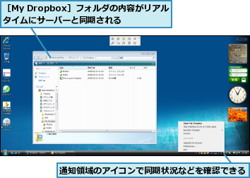 通知領域のアイコンで同期状況などを確認できる,［My Dropbox］フォルダの内容がリアルタイムにサーバーと同期される