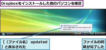 Dropboxをインストールした他のパソコンを確認,ファイルの同期が完了した,［（ファイル名） updated］と表示された