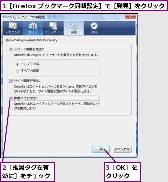 1［Firefox ブックマーク同期設定］で［発見］をクリック,2［推奨タグを有効に］をチェック,3［OK］をクリック