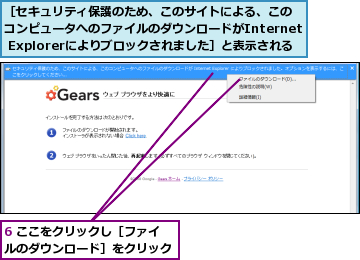 6 ここをクリックし［ファイルのダウンロード］をクリック,［セキュリティ保護のため、このサイトによる、このコンピュータへのファイルのダウンロードがInternet Explorerによりブロックされました］と表示される