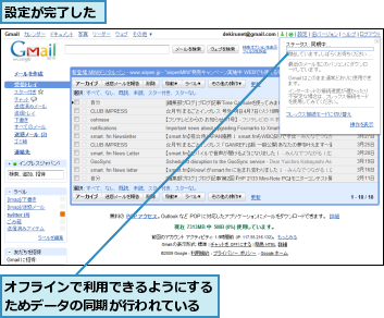 オフラインで利用できるようにするためデータの同期が行われている,設定が完了した