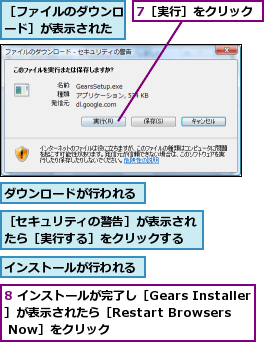 7［実行］をクリック,8 インストールが完了し［Gears Installer］が表示されたら［Restart Browsers Now］をクリック,インストールが行われる,ダウンロードが行われる,［セキュリティの警告］が表示されたら［実行する］をクリックする,［ファイルのダウンロード］が表示された