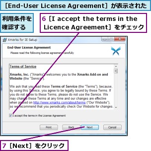 6［I accept the terms in the Licence Agreement］をチェック,7［Next］をクリック,利用条件を確認する,［End-User License Agreement］が表示された