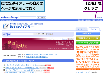 はてなダイアリーの自分のページを表示しておく  ,［管理］をクリック