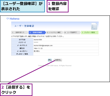 1 登録内容を確認   ,2［送信する］をクリック   ,［ユーザー登録確認］が表示された     