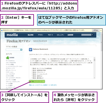 1 Firefoxのアドレスバーに「http://addons.mozilla.jp/firefox/eula/11285」と入力,2［Enter］キーを押す  ,3［同意してインストール］をクリック         ,4 警告メッセージが表示されたら［許可］をクリック,はてなブックマークのFirefox用アドオンのページが表示された      