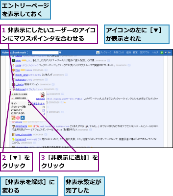 1 非表示にしたいユーザーのアイコンにマウスポインタを合わせる  ,2［▼］をクリック,3［非表示に追加］をクリック      ,アイコンの左に［▼］が表示された    ,エントリーページを表示しておく,非表示設定が完了した  ,［非表示を解除］に変わる      