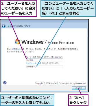 2［ユーザー名を入力してください］に自分のユーザー名を入力,3［次へ］をクリック,ユーザー名と関係のないコンピューター名を入力し直してもよい,［コンピューター名を入力してください］に「（入力したユーザー名）-PC」と表示される