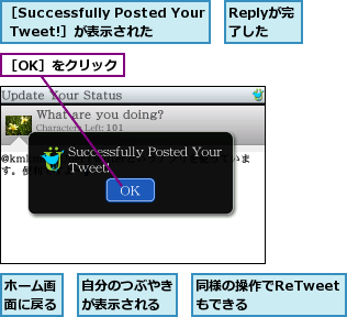 Replyが完了した,ホーム画面に戻る,同様の操作でReTweetもできる,自分のつぶやきが表示される,［OK］をクリック,［Successfully Posted Your Tweet!］が表示された