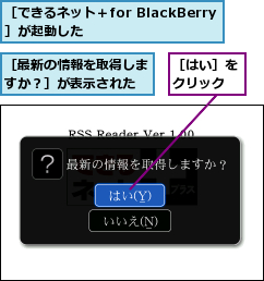 ［できるネット＋for BlackBerry］が起動した,［はい］をクリック,［最新の情報を取得しますか？］が表示された