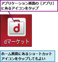 アプリケーション画面の［アプリ］にあるアイコンをタップ     ,ホーム画面にあるショートカットアイコンをタップしてもよい  