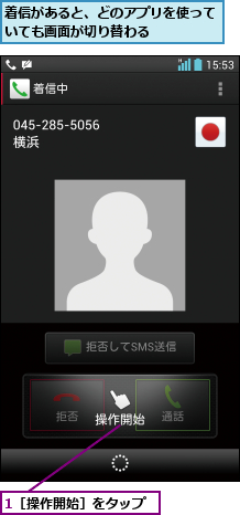 1［操作開始］をタップ,着信があると、どのアプリを使っていても画面が切り替わる     
