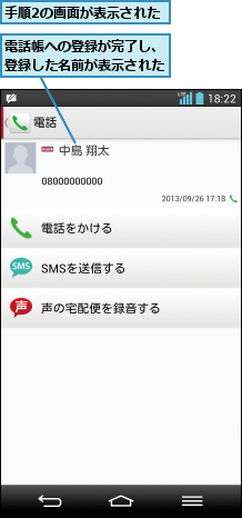 手順2の画面が表示された,電話帳への登録が完了し、登録した名前が表示された