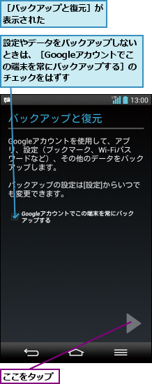 ここをタップ,設定やデータをバックアップしないときは、［Googleアカウントでこ の端末を常にバックアップする］のチェックをはずす,［バックアップと復元］が表示された      