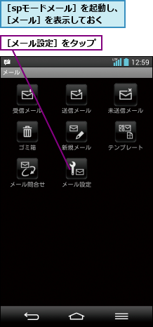 ［spモードメール］を起動し、［メール］を表示しておく,［メール設定］をタップ
