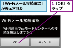 1［OK］をタップ,［Wi-Fiメール接続確認］が表示された    