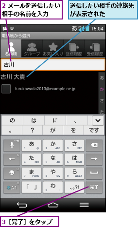 2 メールを送信したい相手の名前を入力  ,3［完了］をタップ,送信したい相手の連絡先が表示された    
