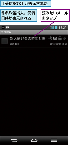 件名や差出人、受信日時が表示される,読みたいメールをタップ  ,［受信BOX］が表示された