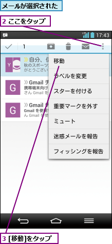 2 ここをタップ,3 [移動]をタップ,メールが選択された