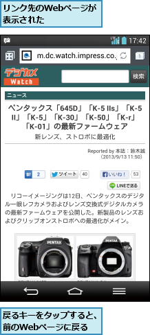 リンク先のWebページが表示された     ,戻るキーをタップすると、前のWebページに戻る