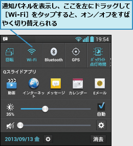 通知パネルを表示し、ここを左にドラッグして［Wi-Fi］をタップすると、オン／オフをすばやく切り替えられる