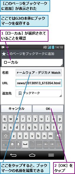 1［ローカル］が選択されていることを確認     ,2［OK］をタップ,ここではG2の本体にブックマークを保存する  ,ここをタップすると、ブックマークの名前を編集できる,［このページをブックマークに追加］が表示された   