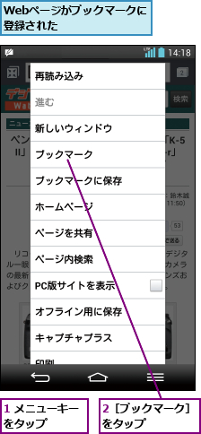 1 メニューキーをタップ    ,2［ブックマーク］をタップ    ,Webページがブックマークに登録された       