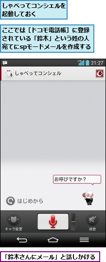 「鈴木さんにメール」と話しかける,ここでは［ドコモ電話帳］に登録されている「鈴木」という姓の人宛てにspモードメールを作成する,しゃべってコンシェルを起動しておく    