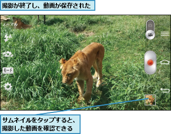 サムネイルをタップすると、撮影した動画を確認できる,撮影が終了し、動画が保存された