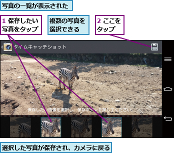1 保存したい写真をタップ,2 ここをタップ  ,写真の一覧が表示された,複数の写真を選択できる,選択した写真が保存され、カメラに戻る