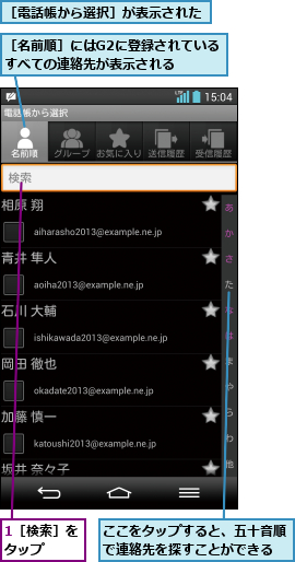 1［検索］をタップ  ,ここをタップすると、五十音順で連絡先を探すことができる,［名前順］にはG2に登録されているすべての連絡先が表示される  ,［電話帳から選択］が表示された