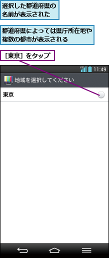 選択した都道府県の名前が表示された,都道府県によっては県庁所在地や複数の都市が表示される   ,［東京］をタップ