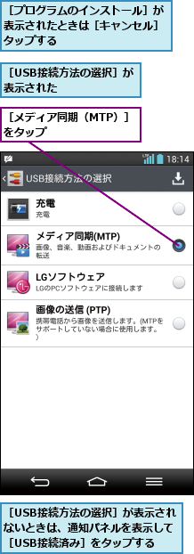 ［USB接続方法の選択］が表示された      ,［USB接続方法の選択］が表示されないときは、通知パネルを表示して［USB接続済み］をタップする,［プログラムのインストール］が表示されたときは［キャンセル］タップする,［メディア同期（MTP）］をタップ      