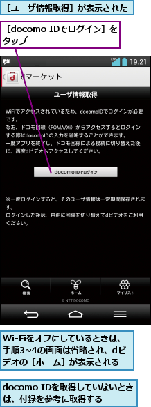 Wi-Fiをオフにしているときは、手順3~4の画面は省略され、dビデオの［ホーム］が表示される,docomo IDを取得していないときは、付録を参考に取得する,［docomo IDでログイン］をタップ     ,［ユーザ情報取得］が表示された