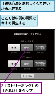 2［ストリーミング］の［きれい］をタップ  ,ここでは中間の画質で今すぐ再生する  ,［視聴方法を選択してください］が表示された        