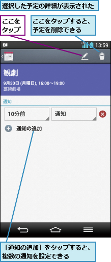 ここをタップ,ここをタップすると、予定を削除できる  ,選択した予定の詳細が表示された,［通知の追加］をタップすると、複数の通知を設定できる   