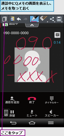 ここをタップ,通話中にQメモの画面を表示し、メモを取っておく        