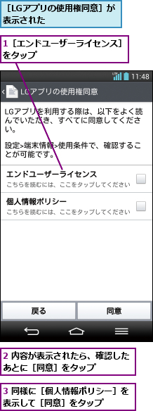 1［エンドユーザーライセンス］をタップ           ,2 内容が表示されたら、確認したあとに［同意］をタップ     ,3 同様に［個人情報ポリシー］を表示して［同意］をタップ   ,［LGアプリの使用権同意］が表示された      