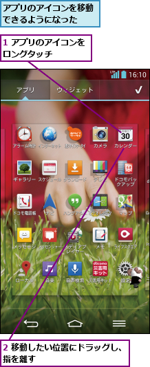 1 アプリのアイコンをロングタッチ    ,2 移動したい位置にドラッグし、指を離す           ,アプリのアイコンを移動できるようになった  