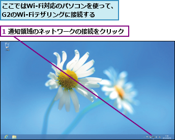 1 通知領域のネットワークの接続をクリック,ここではWi-Fi対応のパソコンを使って、G2のWi-Fiテザリングに接続する